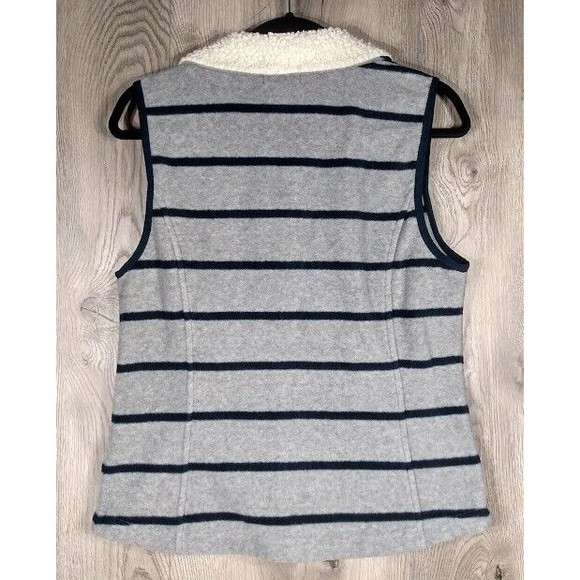 Nautica Sweater Vest Womens Medium Fleece Full Zip Pockets Striped Grey & Blue - Picture 2 of 5